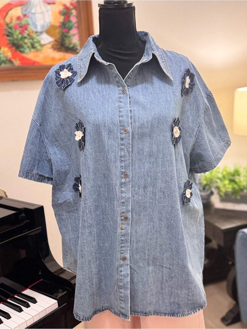 Women's Denim Button-Up Shirt with Floral Appliqués - Light Blue